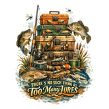 Fishing-themed graphic with tackle box, fishing rod, and fish illustrations, featuring the quote 'There's no such thing as too many lures'.