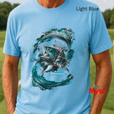 Light blue t-shirt with a fish graphic and 'Myts' branding.