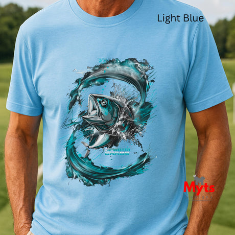 Light blue t-shirt with a fish graphic and 'Myts' branding.