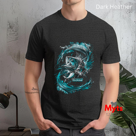 Person wearing a black t-shirt with a blue fish graphic design, standing against a textured wall.