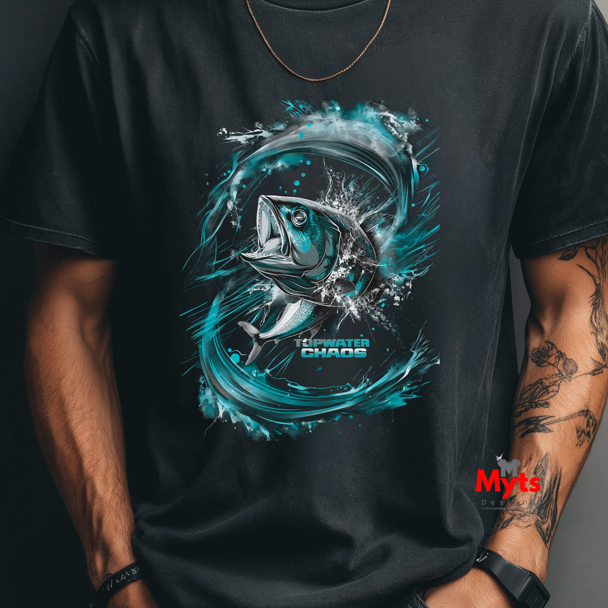 Black t-shirt with a blue fish graphic and 'Topwater Chaos' text on a dark background
