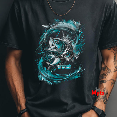 Black t-shirt with a blue fish graphic and 'Topwater Chaos' text on a dark background