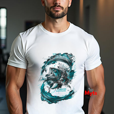 Person wearing a white t-shirt with a fish graphic design, brand 'Myts' visible.