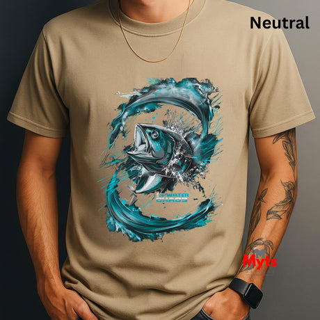 Natural t-shirt with a blue fish graphic on a neutral background