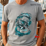 Gray t-shirt with a fish graphic on a person by the water