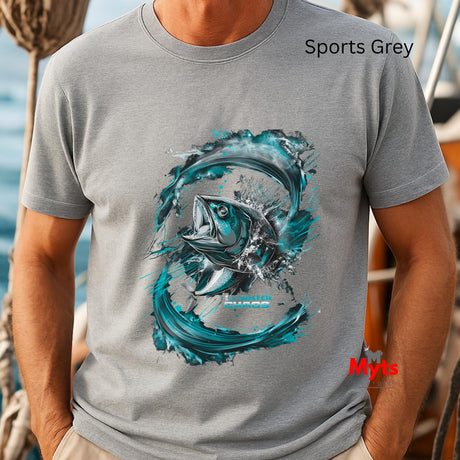 Gray t-shirt with a fish graphic on a person by the water