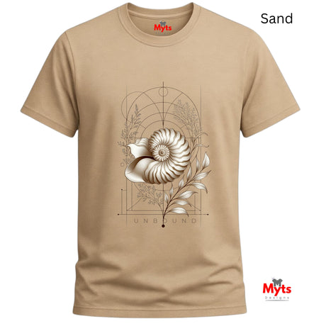 “Front view of a Sand Unbound Nautilus shell graphic T-shirt on a white background.”