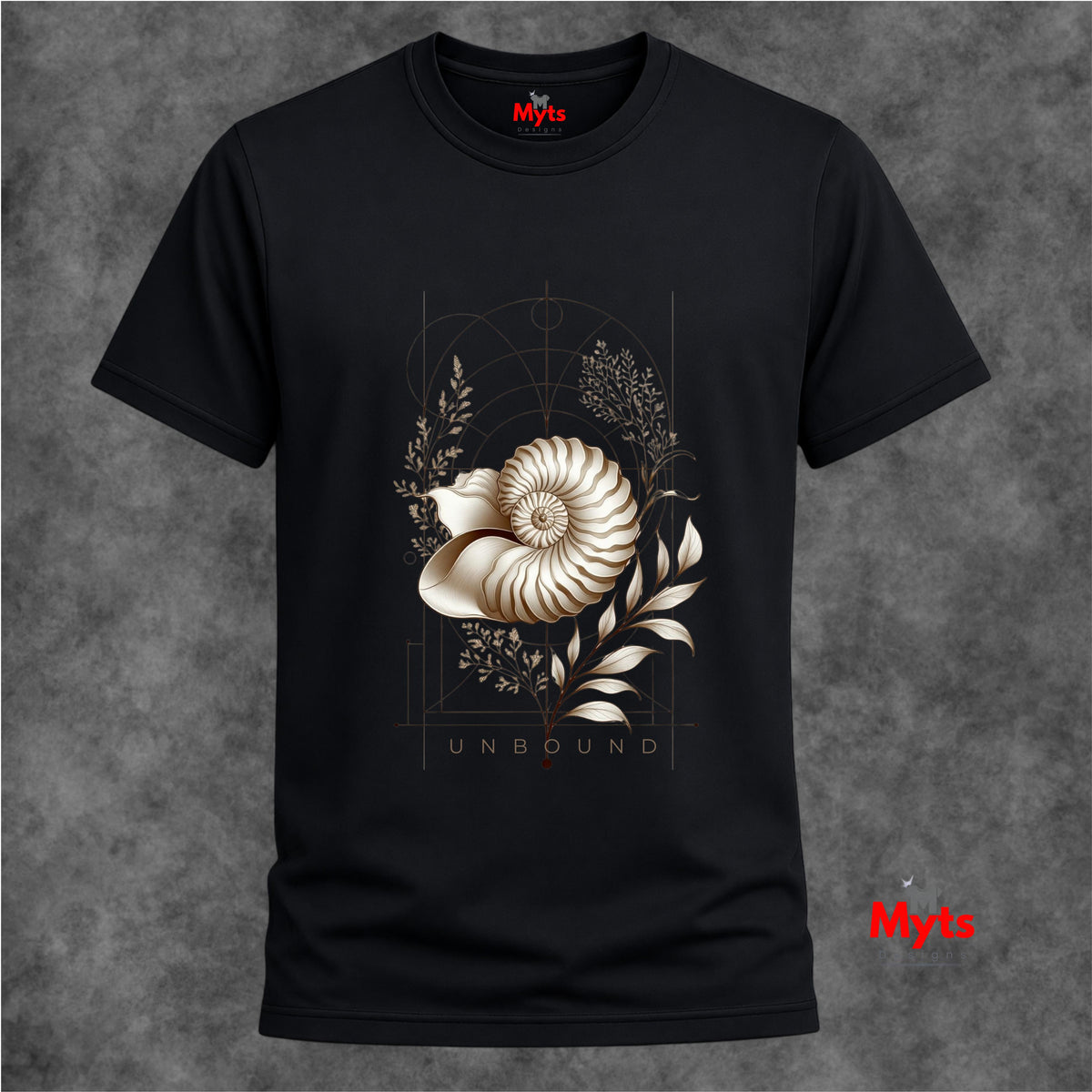 “Front view of a Black Unbound Nautilus shell graphic T-shirt on a white background.” 