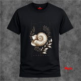 “Front view of a Black Unbound Nautilus shell graphic T-shirt on a white background.” 