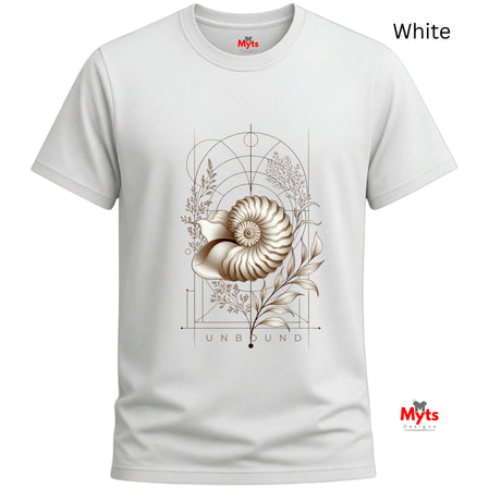 “Front view of a White Unbound Nautilus shell graphic T-shirt on a white background.”