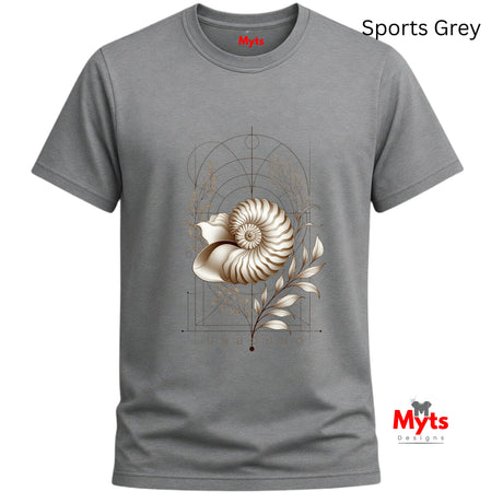 “Front view of a Sports Grey Unbound Nautilus shell graphic T-shirt on a white background.”