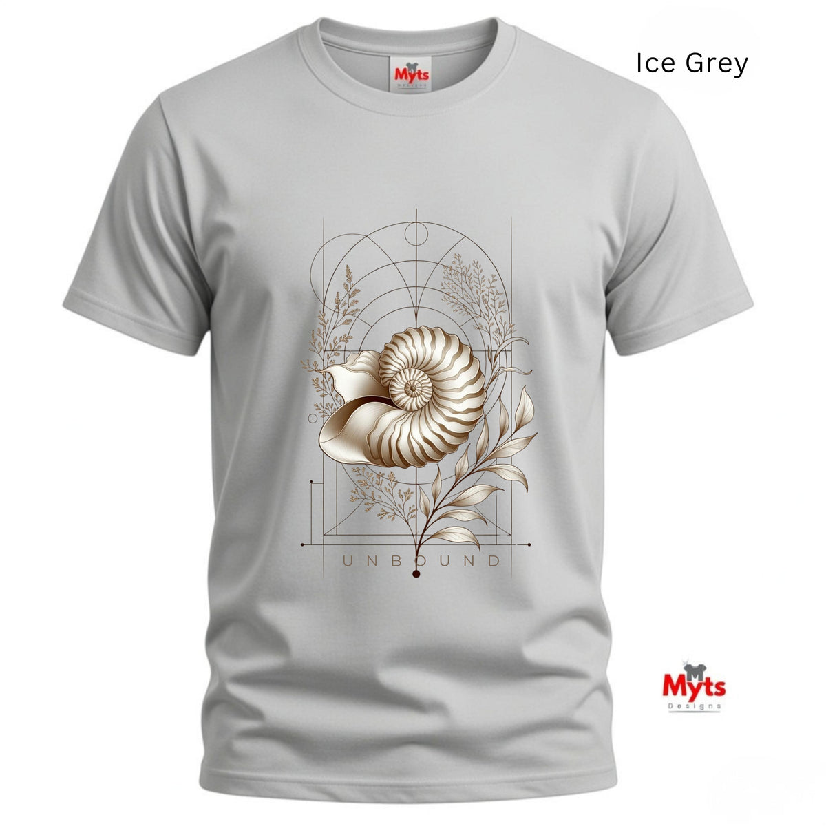 “Front view of a Ice Grey Unbound Nautilus shell graphic T-shirt on a white background.”