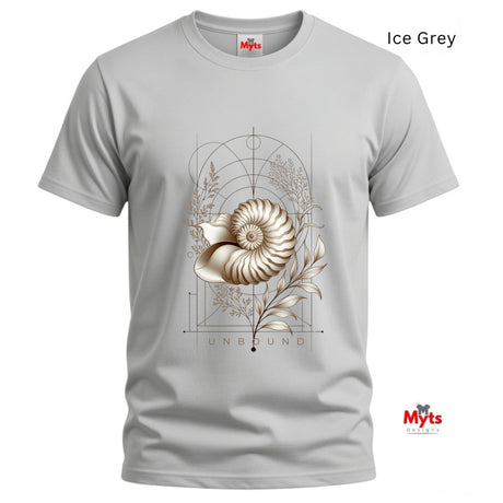 “Front view of a Ice Grey Unbound Nautilus shell graphic T-shirt on a white background.”