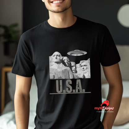 A Black Mt. Rushmore T-shirt, worn by a young man
