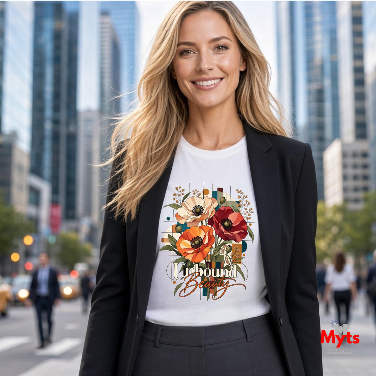 Woman wearing a white Unbound Beauty graphic T-shirt with red, orange and cream poppy flowers, geometric accents and retro typography.