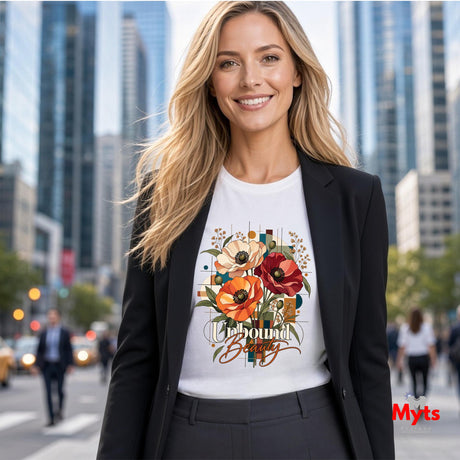 Woman wearing a white Unbound Beauty graphic T-shirt with red, orange and cream poppy flowers, geometric accents and retro typography.