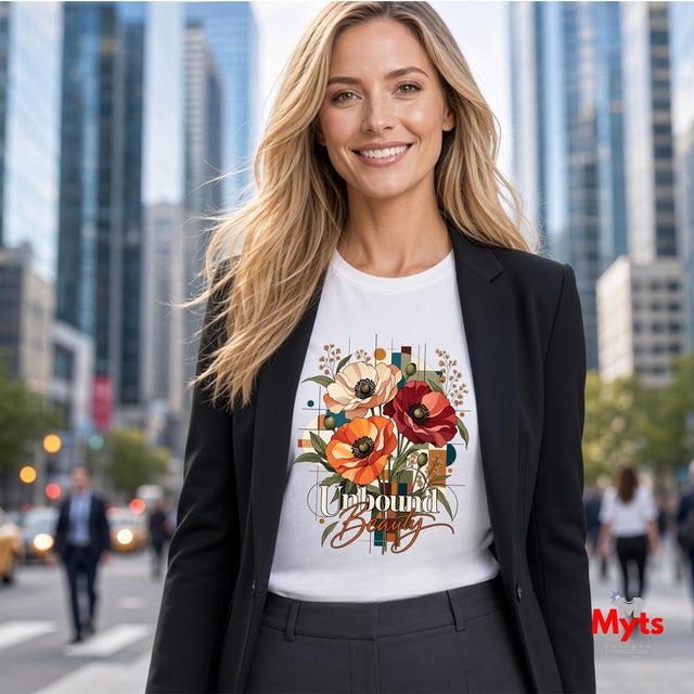 Woman wearing a white Unbound Beauty graphic T-shirt with red, orange and cream poppy flowers, geometric accents and retro typography.