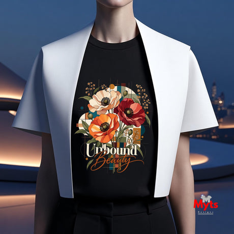 Woman wearing a black Unbound Beauty graphic T-shirt with red, orange and cream poppy flowers, geometric accents and retro typography.