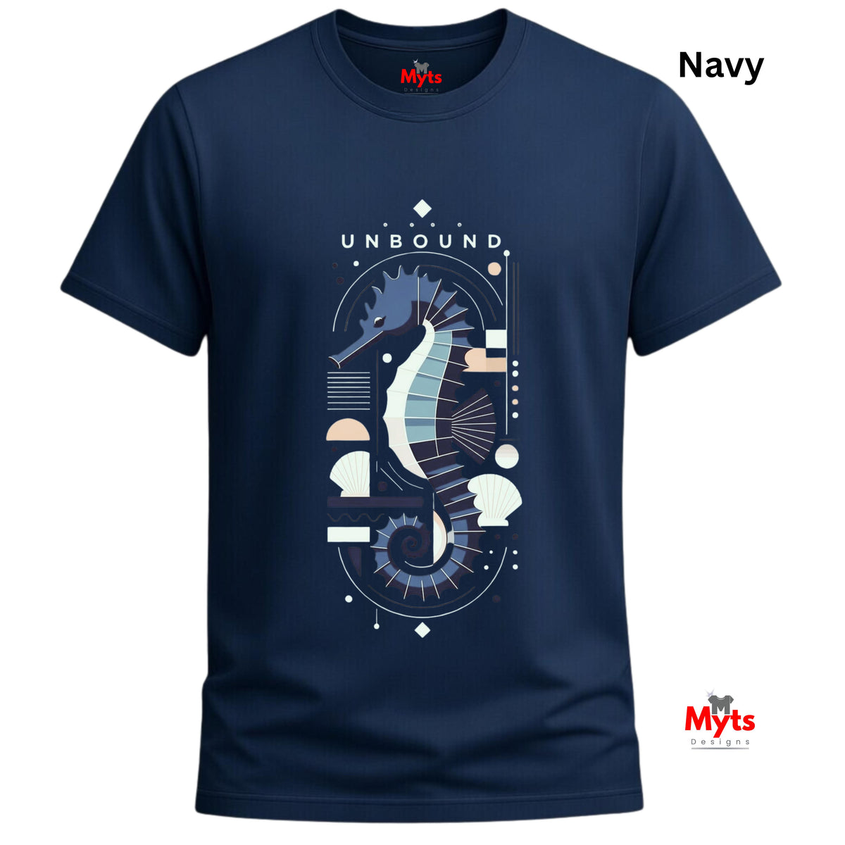 A navy unbound graphic seahorse design