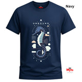 A navy unbound graphic seahorse design