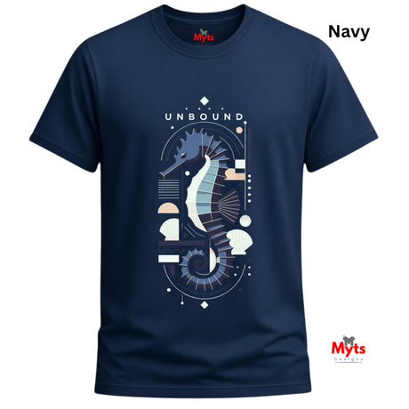 A navy unbound graphic seahorse design