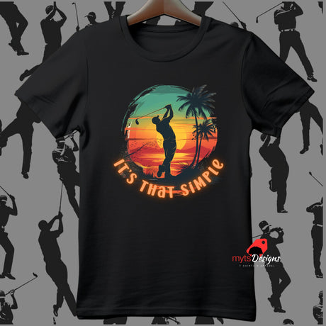 Black t-shirt with a golf-themed design on a hanger against a gray background with golf-themed silhouettes.