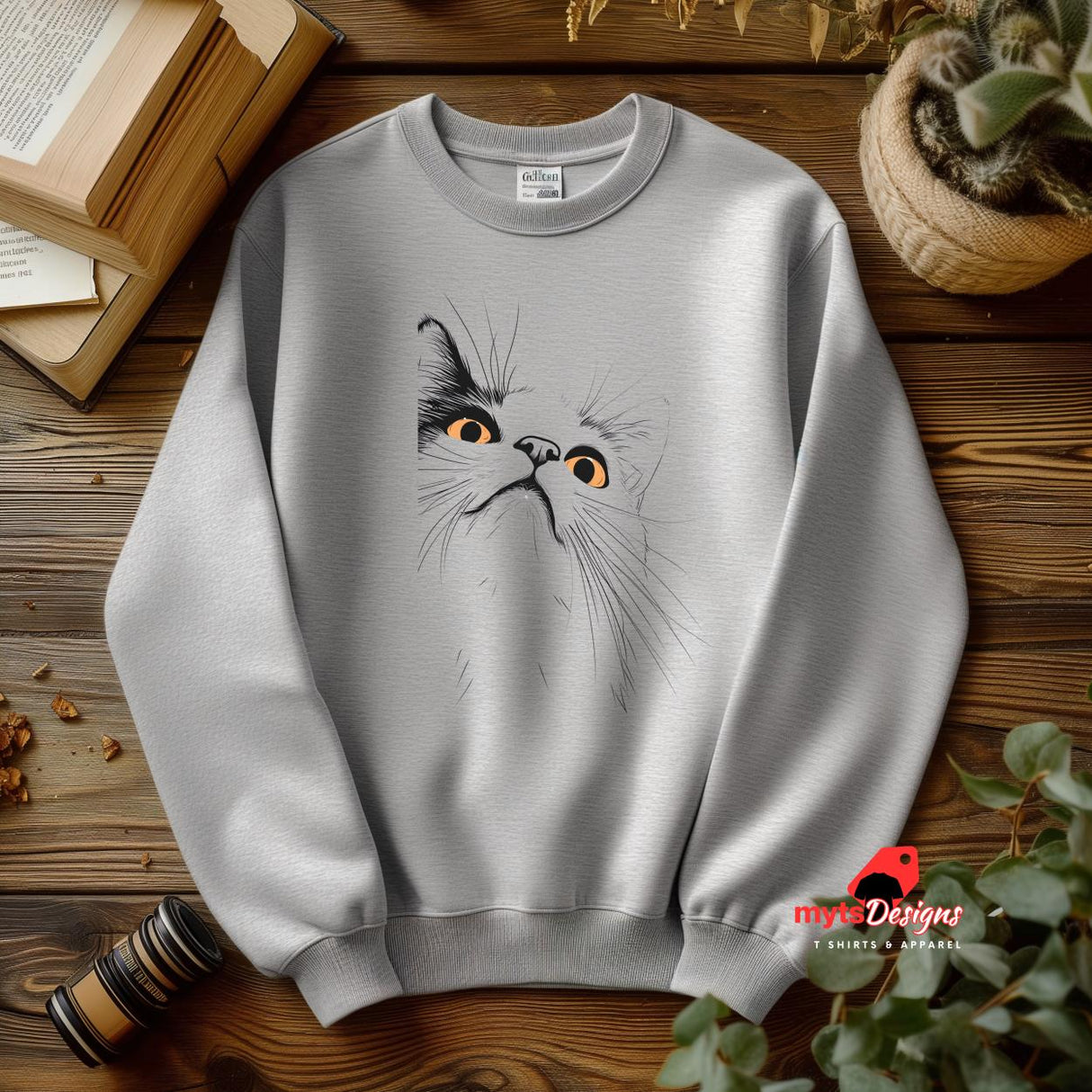 A flat Lay white sweatshirt with minimalist cat design