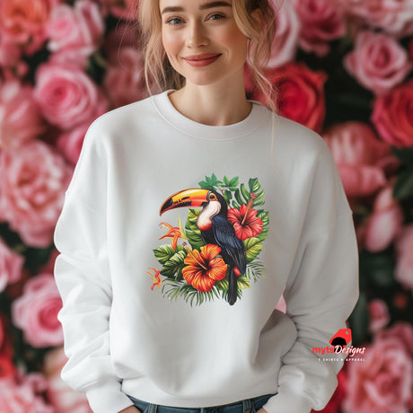 Woman wearing  White Toucan Sweatshirt Unisex