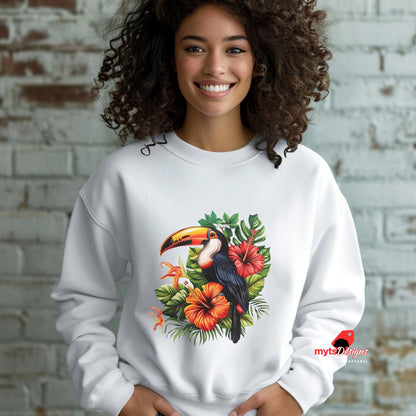 Woman wearing a white Toucan Sweatshirt Unisex