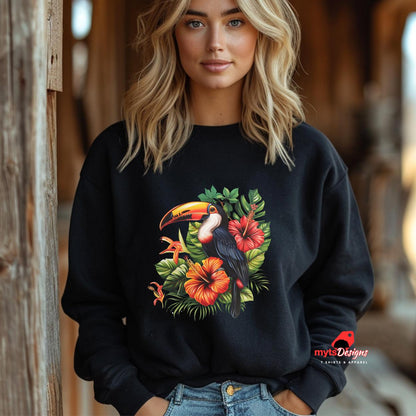Woman wearing a black Toucan Sweatshirt Unisex