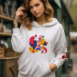 Woman wearing a white Trendy Graphic Shapes Hoodie