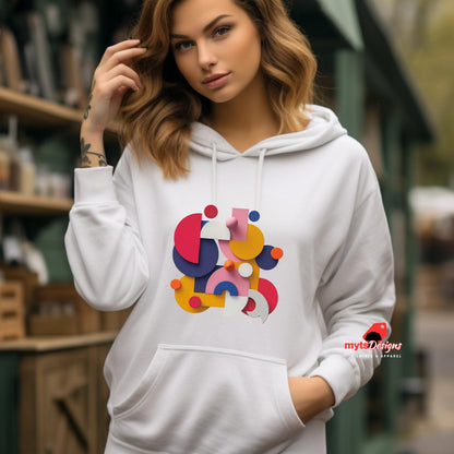 Woman wearing a white Trendy Graphic Shapes Hoodie