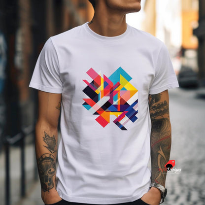 A white t-shirt features a bold, modern geometric design with overlapping colorful shapes in shades of red, blue, yellow, pink, and black. The abstract pattern creates a dynamic, eye-catching visual in the center of the shirt. The t-shirt is worn by a person standing on a city street, with visible tattoos on their arms. A small red bird logo with the text “mytsDesigns” appears in the bottom right corner.