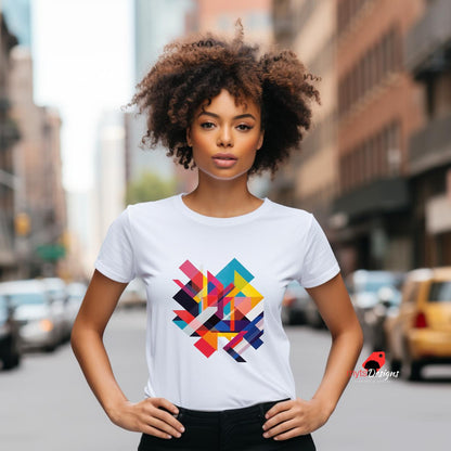 A white t-shirt features a striking, modern geometric design with overlapping vibrant shapes in shades of red, blue, yellow, pink, and black. The bold abstract pattern creates an energetic and contemporary look in the center of the shirt. The t-shirt is worn by a woman standing confidently on a city street, with her hands on her hips. A small red bird logo with the text “mytsDesigns” appears in the bottom right corner.

