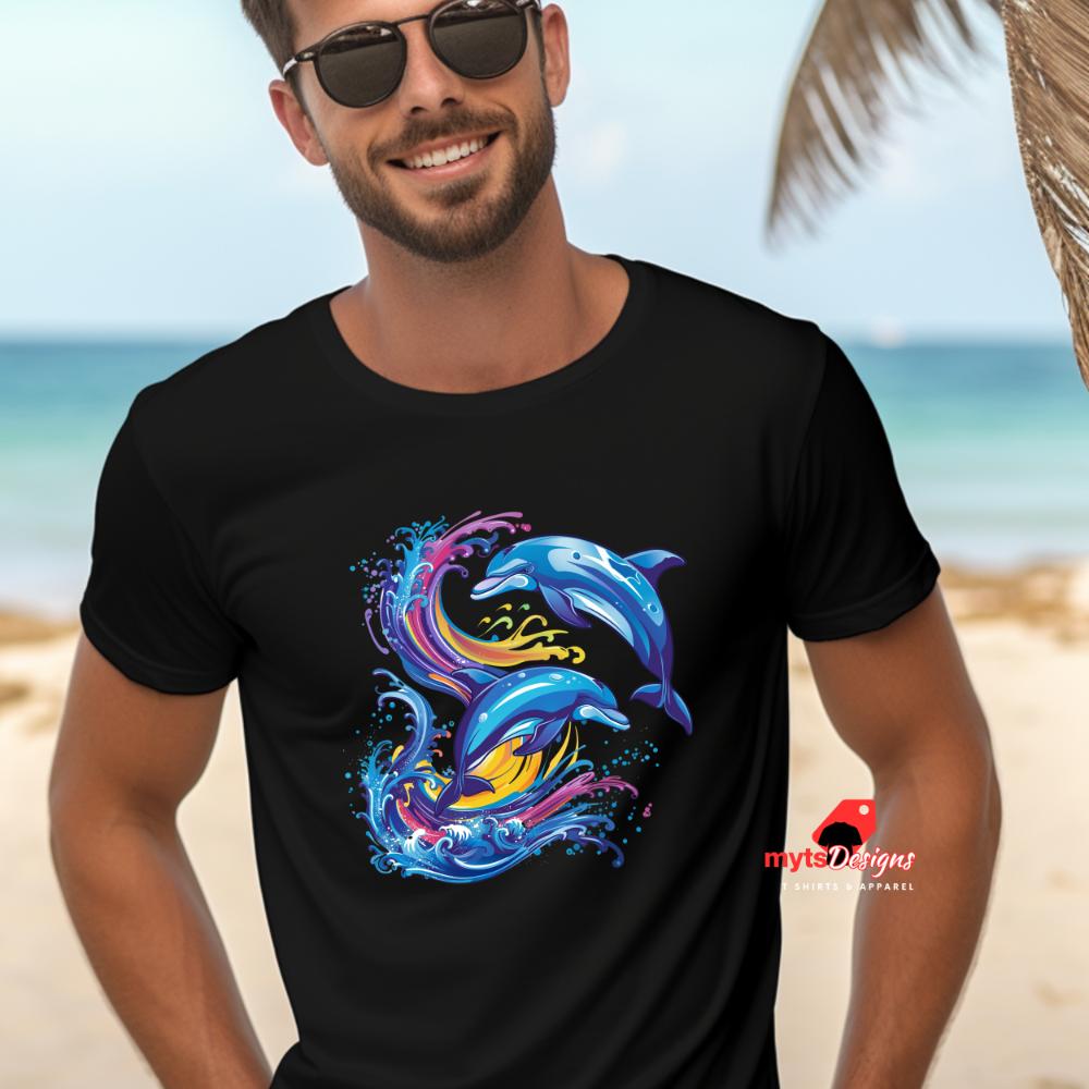 Retro Wave Jumping Dolphins T-Shirt, Vintage Dolphin Graphic Tee, Ocean Lover Gift, Dolphin Shirt, Beachwear, Unisex Retro T-Shirt