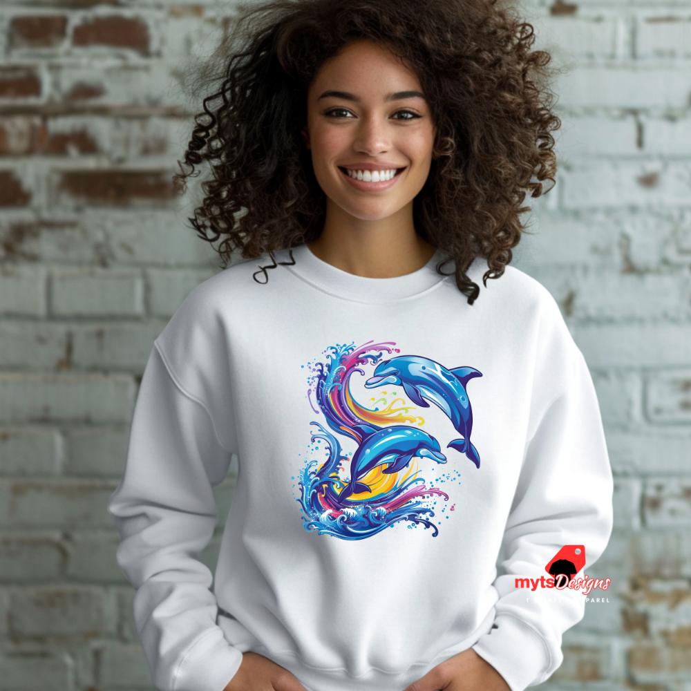 Retro Wave Jumping Dolphins SweatShirt, Vintage Dolphin Graphic Shirt, Ocean Lover Gift, 80s Inspired Dolphin Shirt, Beachwear Sweatshirts,