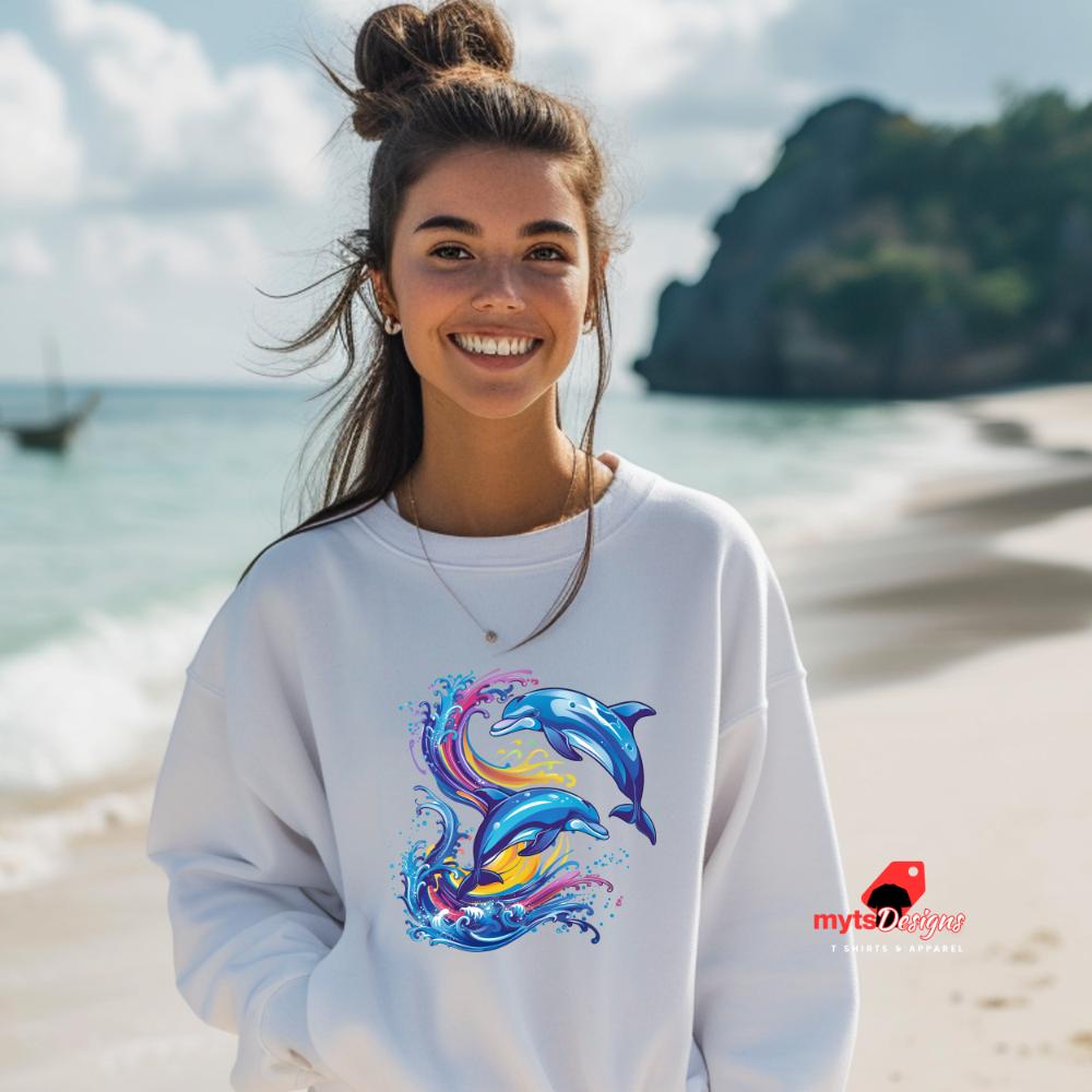 Retro Wave Jumping Dolphins SweatShirt, Vintage Dolphin Graphic Shirt, Ocean Lover Gift, 80s Inspired Dolphin Shirt, Beachwear Sweatshirts,