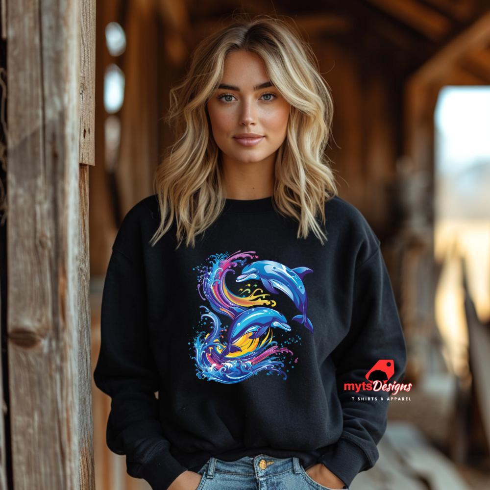 Retro Wave Jumping Dolphins SweatShirt, Vintage Dolphin Graphic Shirt, Ocean Lover Gift, 80s Inspired Dolphin Shirt, Beachwear Sweatshirts,