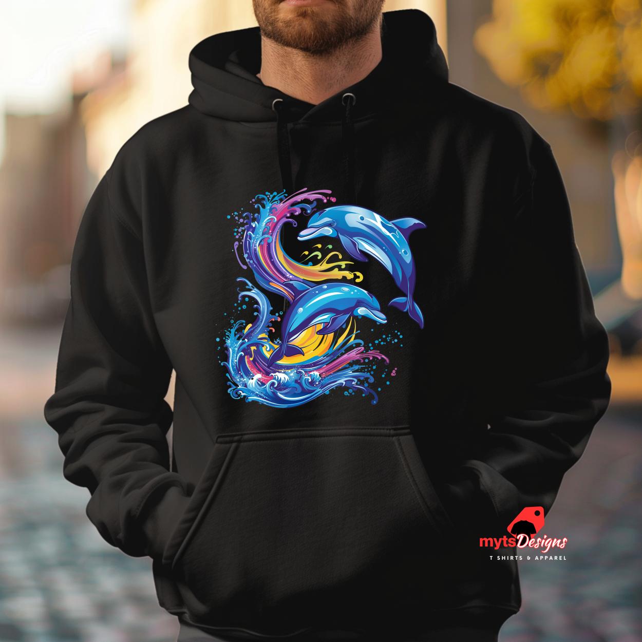 Retro Wave Jumping Dolphins Pullover Hoodie | 80s Vintage Style | Aesthetic Dolphin Sweatshirt | Unisex Cozy Pullover | Vaporwave Clothing