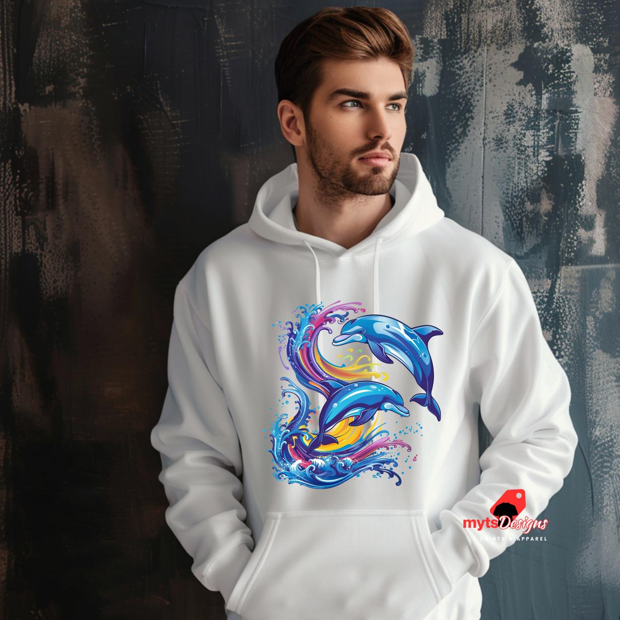 Retro Wave Jumping Dolphins Pullover Hoodie | 80s Vintage Style | Aesthetic Dolphin Sweatshirt | Unisex Cozy Pullover | Vaporwave Clothing