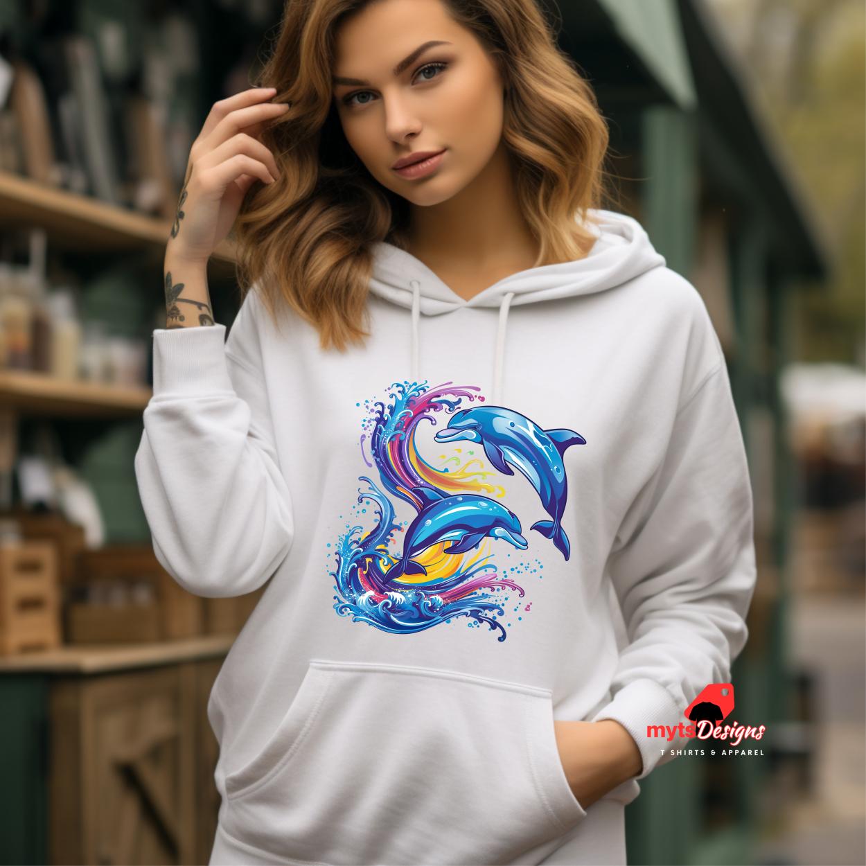 Retro Wave Jumping Dolphins Pullover Hoodie | 80s Vintage Style | Aesthetic Dolphin Sweatshirt | Unisex Cozy Pullover | Vaporwave Clothing