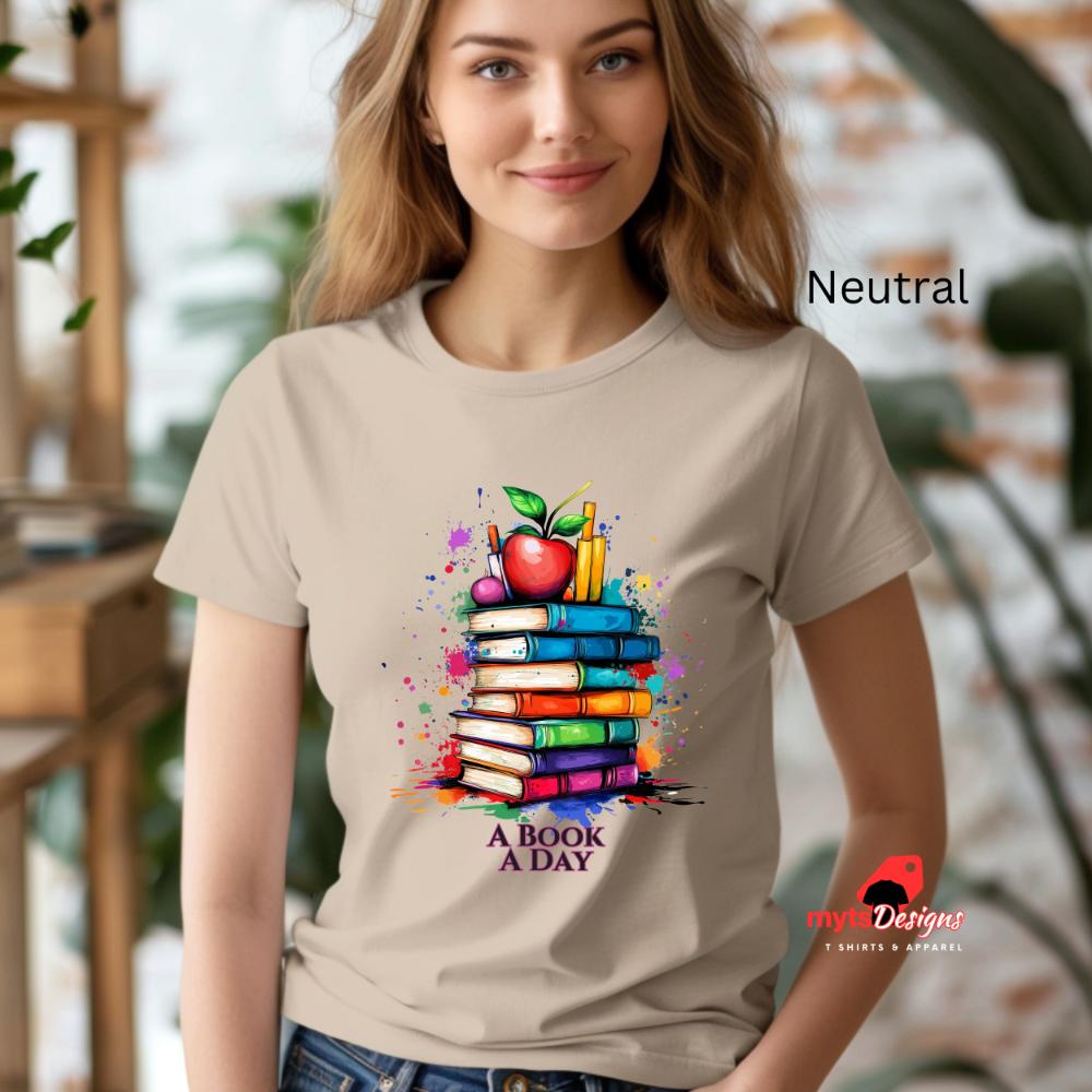 A Book A Day T-Shirt, Book Shirt,Stack of Books with Apple Pop Art Design, Book Lover Gift, Teacher Appreciation Shirt,