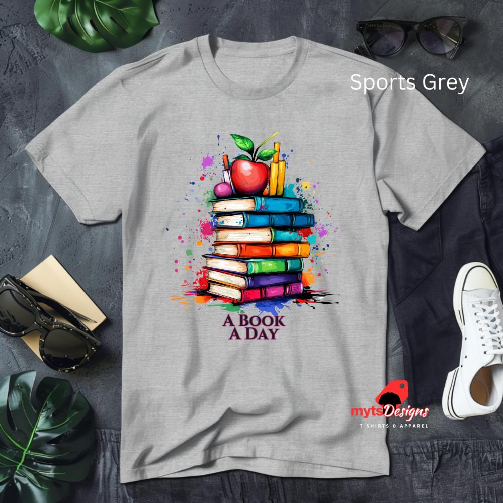 A Book A Day T-Shirt, Book Shirt,Stack of Books with Apple Pop Art Design, Book Lover Gift, Teacher Appreciation Shirt,