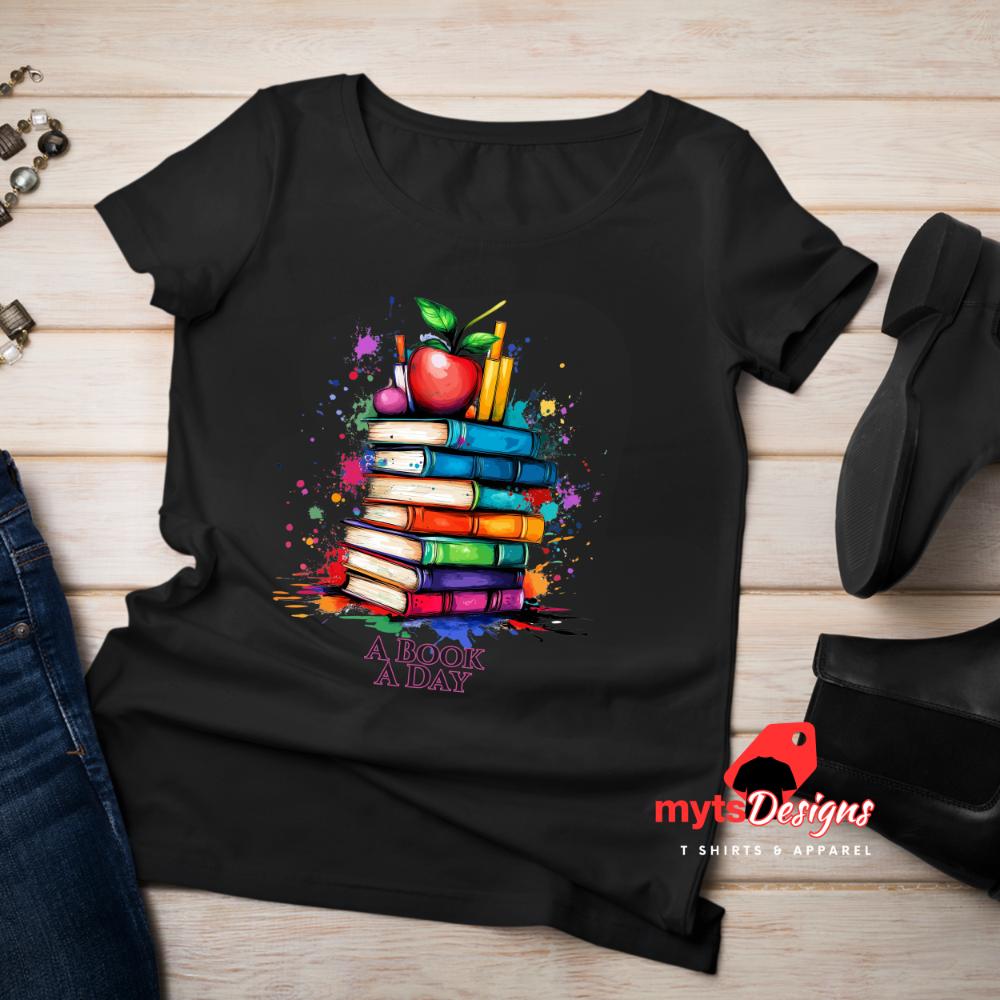 A Book A Day T-Shirt, Book Shirt,Stack of Books with Apple Pop Art Design, Book Lover Gift, Teacher Appreciation Shirt,