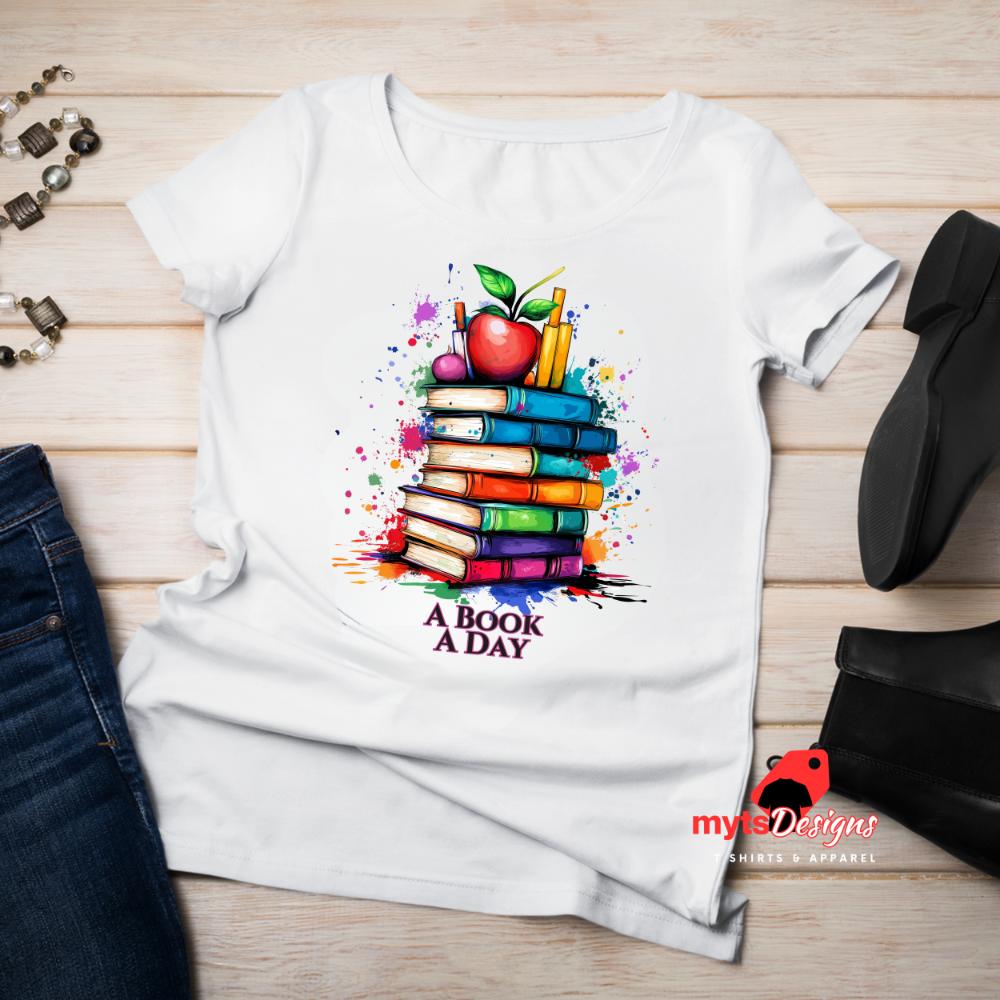 A Book A Day T-Shirt, Book Shirt,Stack of Books with Apple Pop Art Design, Book Lover Gift, Teacher Appreciation Shirt,