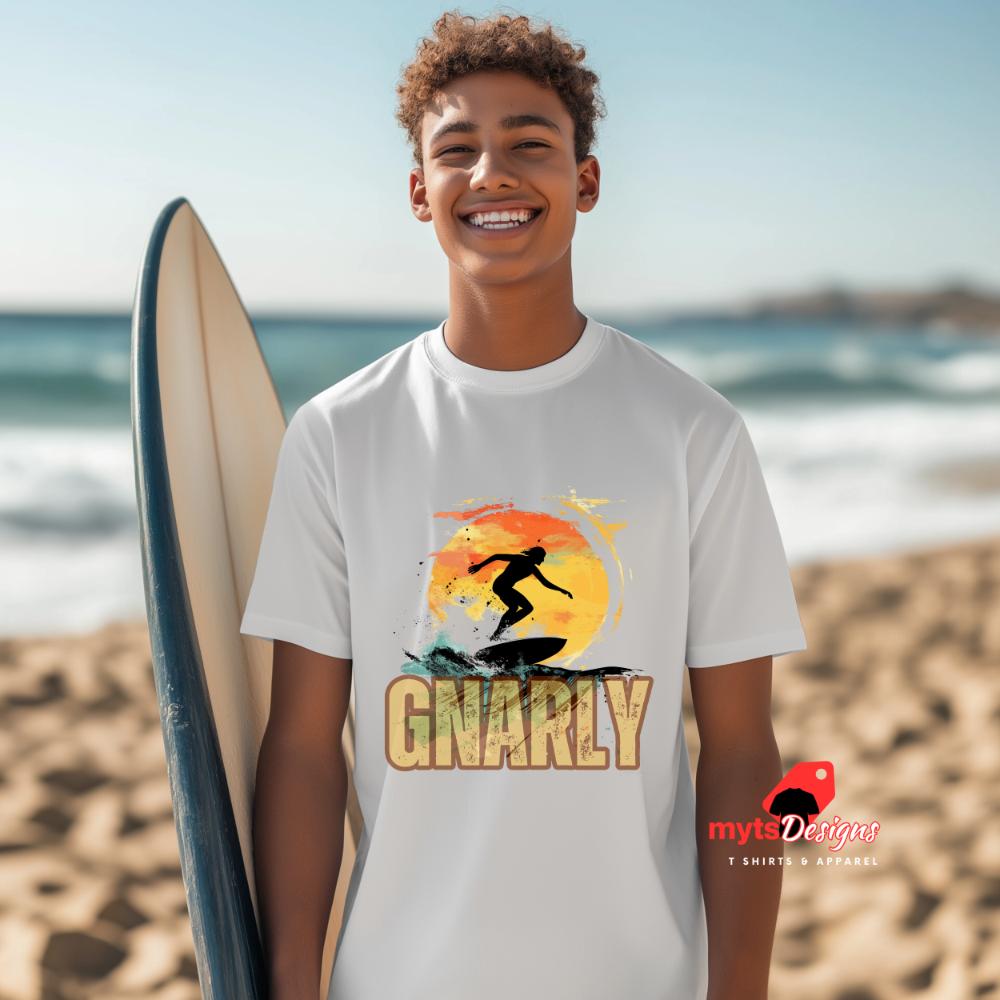 Gnarly Surf T-shirt, Surf T-Shirt,Sun & Silhouette Surfers, Beach Surf Apparel