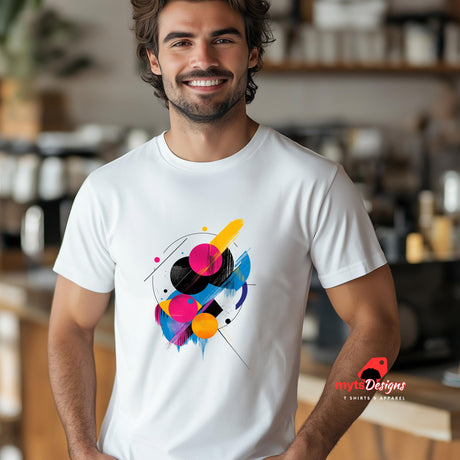 "Geometric space-inspired t-shirt with vivid cosmic colors and planet eclipse design"