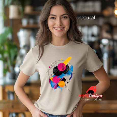 "Geometric space-inspired t-shirt with vivid cosmic colors and planet eclipse design"