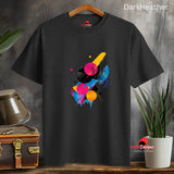 "Geometric space-inspired t-shirt with vivid cosmic colors and planet eclipse design"