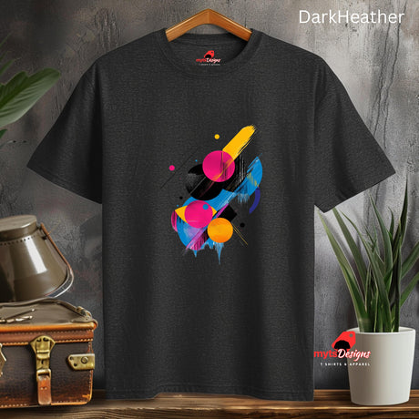 "Geometric space-inspired t-shirt with vivid cosmic colors and planet eclipse design"